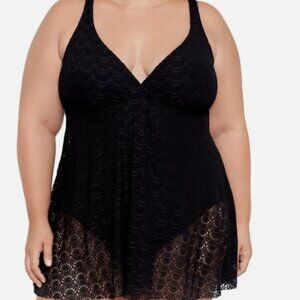 NWT! Swim Solutions Black Crochet Flyaway One Piece Swimdress Swimsuit NEW!